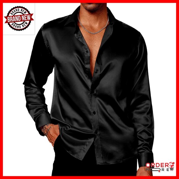 Men's Shiny Satin Button Down Shirt Long Sleeve with Bow Tie